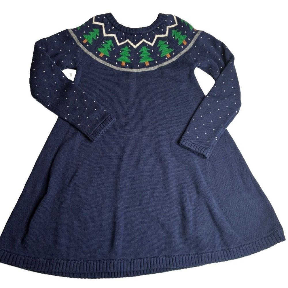 Hanna Andersson Navy Christmas Tree Fair Isle Knit Sweater Dress Kids Size 6-7